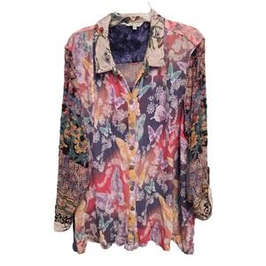 John Mark Embroidered Floral Boho Tunic Size 2X Hippie Velvet Pockets Button